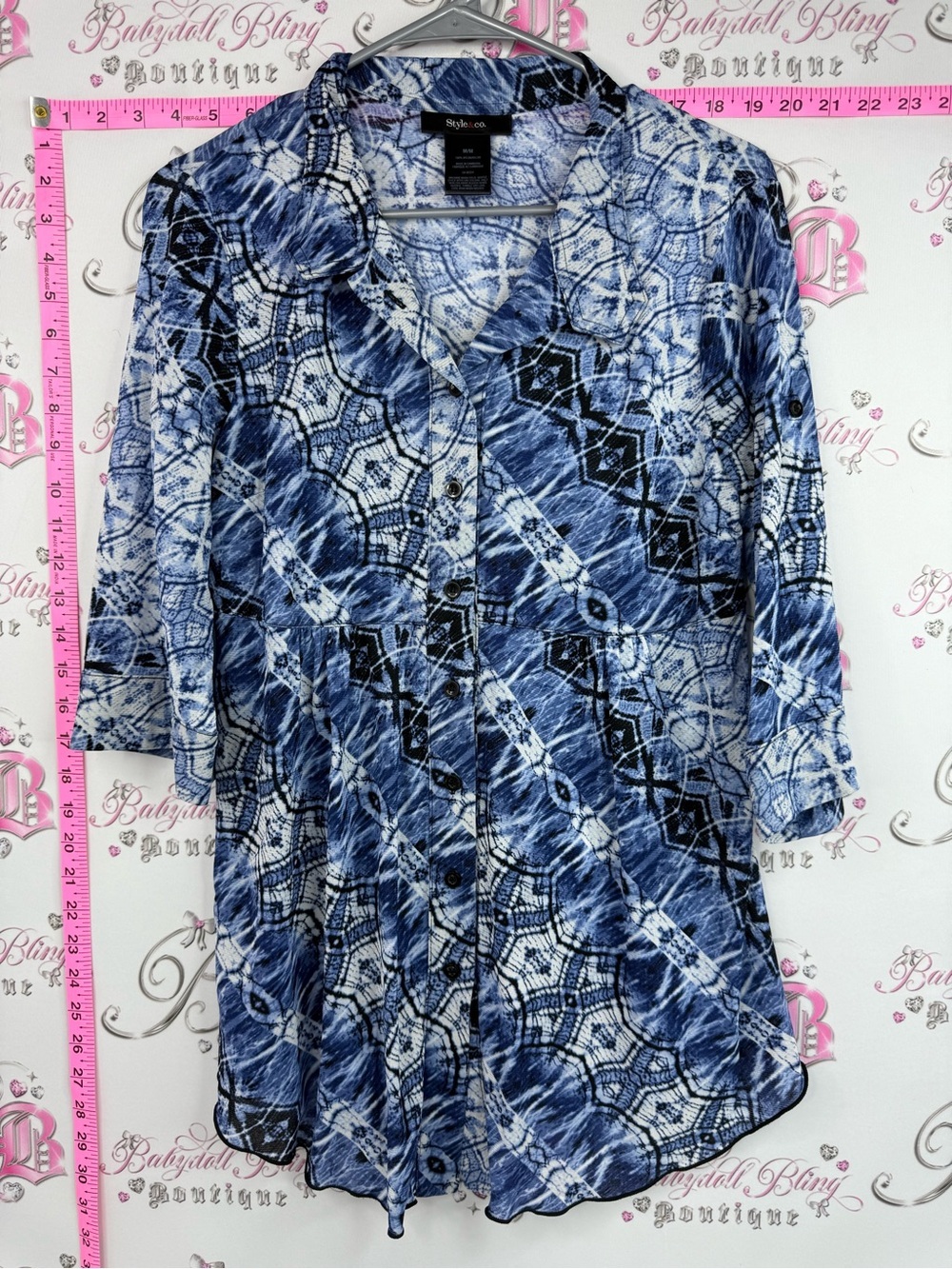 Style & Co. Shirt Blue & White Geometric Button-Front Tunic